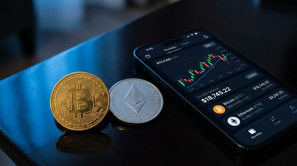 Криптовалюта в Bet-M — Bitcoin и Ethereum рядом со смартфоном